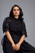 Load image into Gallery viewer, Black High-Neck Blouse with Floral Sleeves & Wide-Leg Trousers

