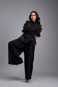 Load image into Gallery viewer, Black High-Neck Blouse with Floral Sleeves & Wide-Leg Trousers
