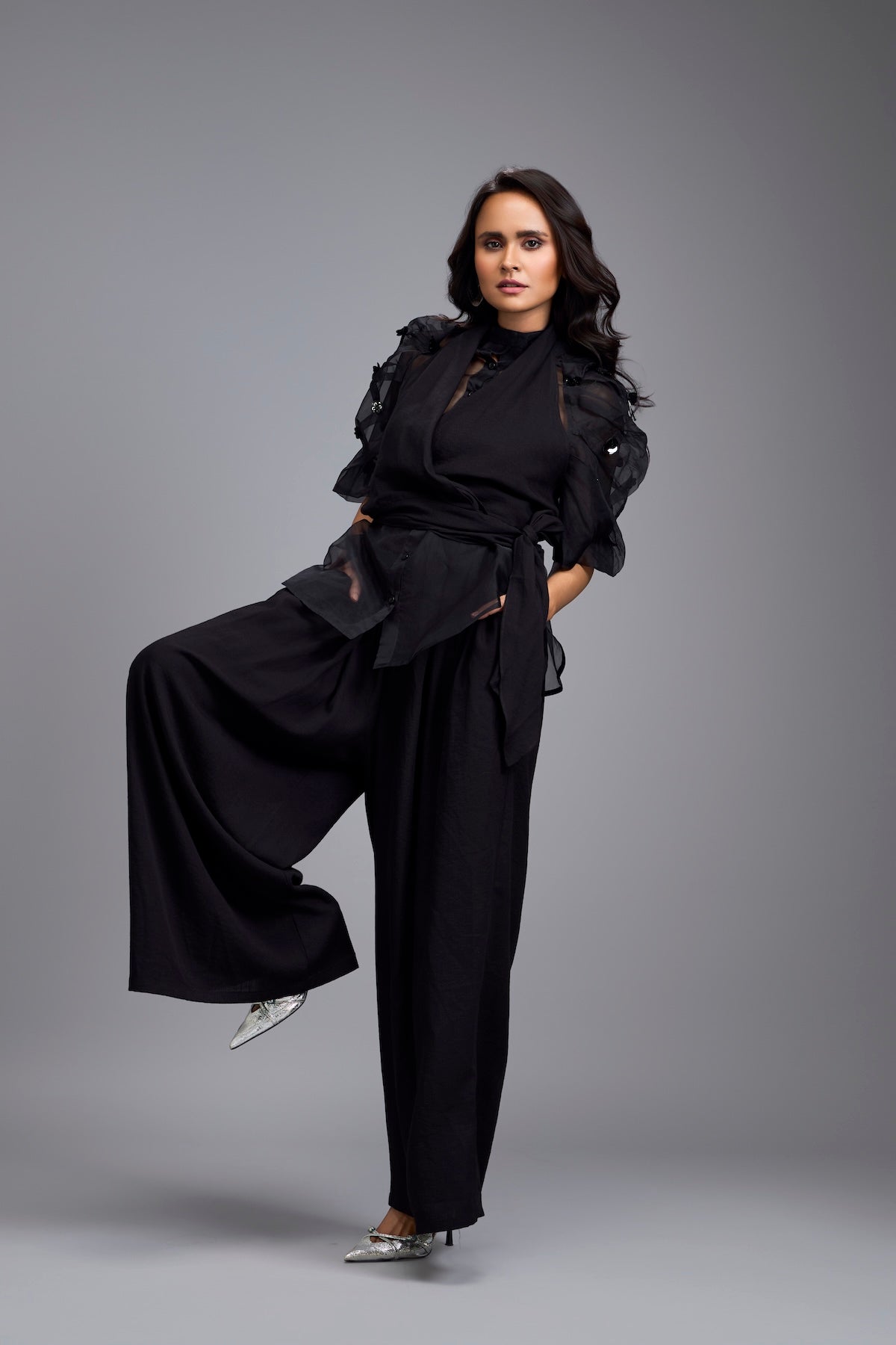 Black High-Neck Blouse with Floral Sleeves & Wide-Leg Trousers