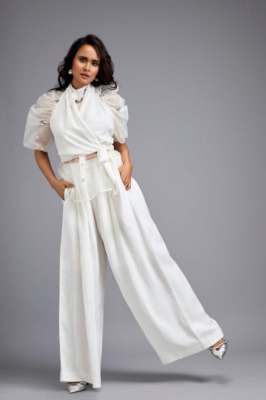White High-Neck Blouse with Floral Sleeves & Wide-Leg Trousers