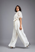Load image into Gallery viewer, White High-Neck Blouse with Floral Sleeves & Wide-Leg Trousers
