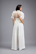 Load image into Gallery viewer, White High-Neck Blouse with Floral Sleeves & Wide-Leg Trousers
