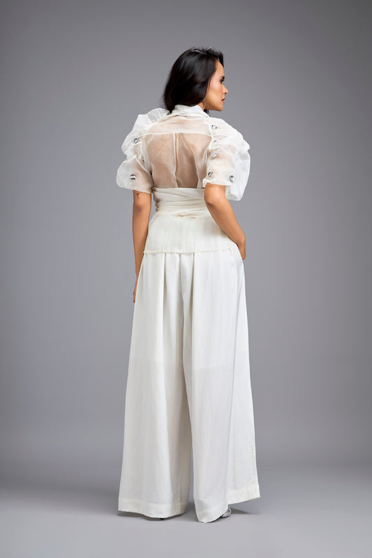 White High-Neck Blouse with Floral Sleeves & Wide-Leg Trousers