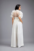 Load image into Gallery viewer, White High-Neck Blouse with Floral Sleeves & Wide-Leg Trousers
