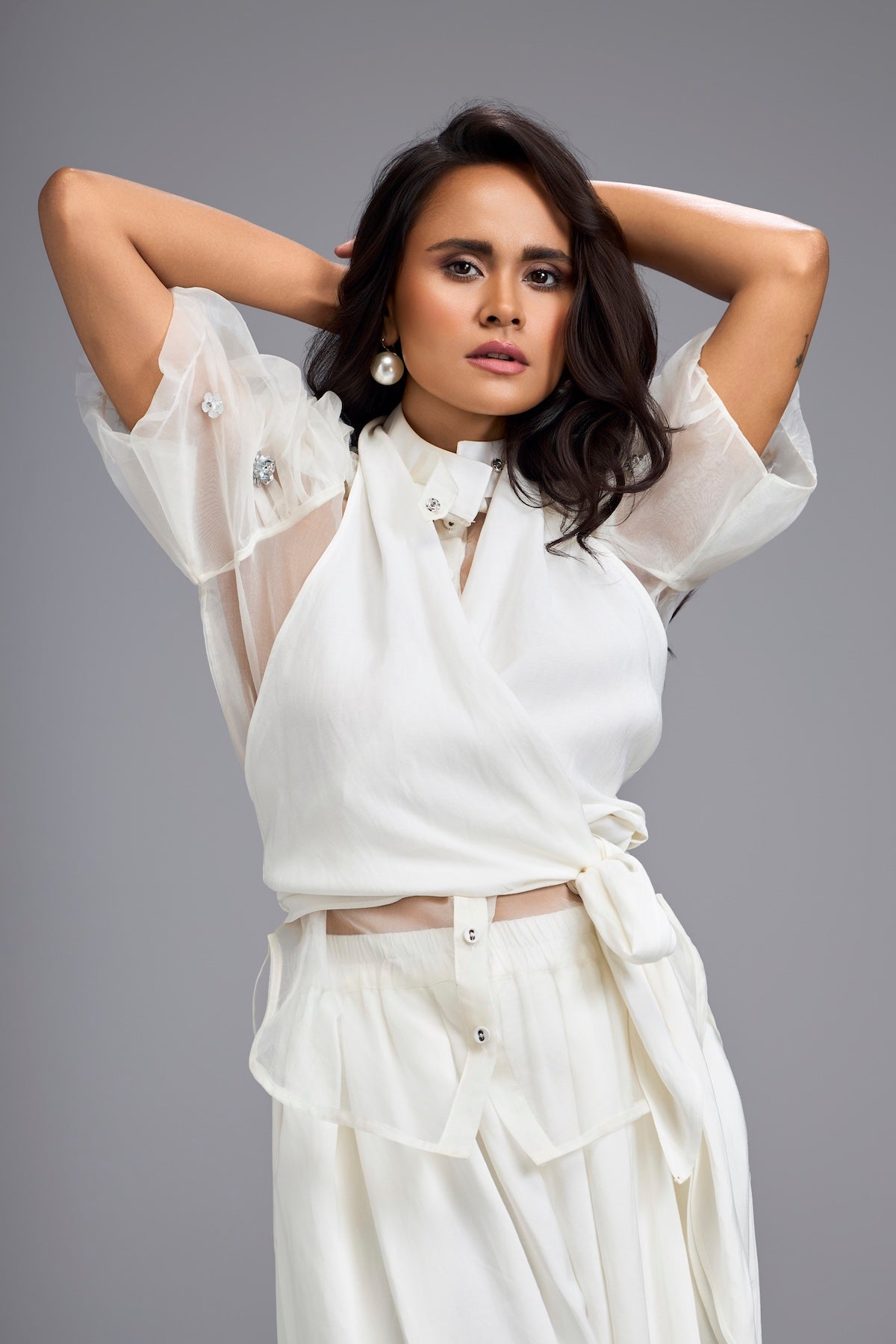 White High-Neck Blouse with Floral Sleeves & Wide-Leg Trousers