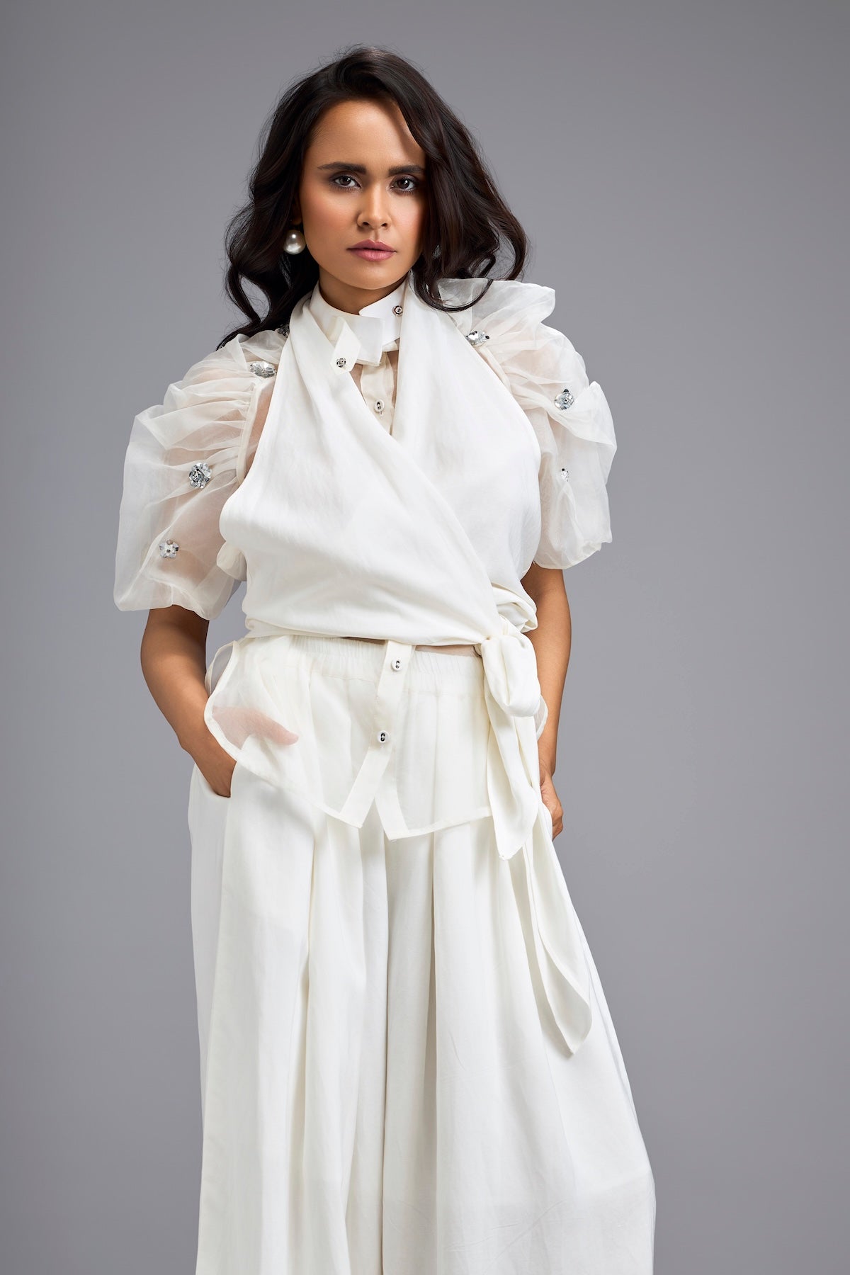 White High-Neck Blouse with Floral Sleeves & Wide-Leg Trousers