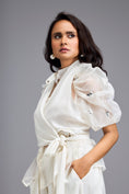 Load image into Gallery viewer, White High-Neck Blouse with Floral Sleeves & Wide-Leg Trousers
