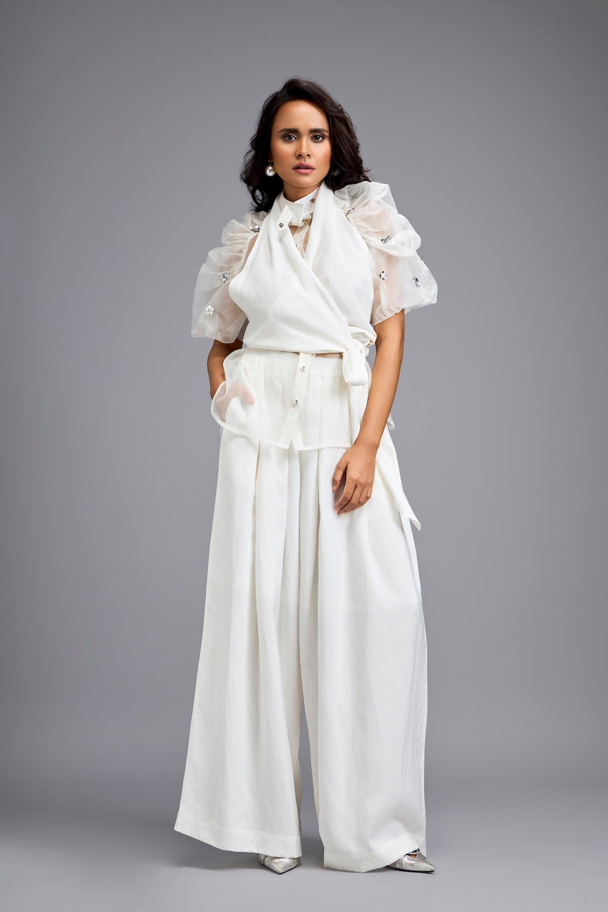 White High-Neck Blouse with Floral Sleeves & Wide-Leg Trousers