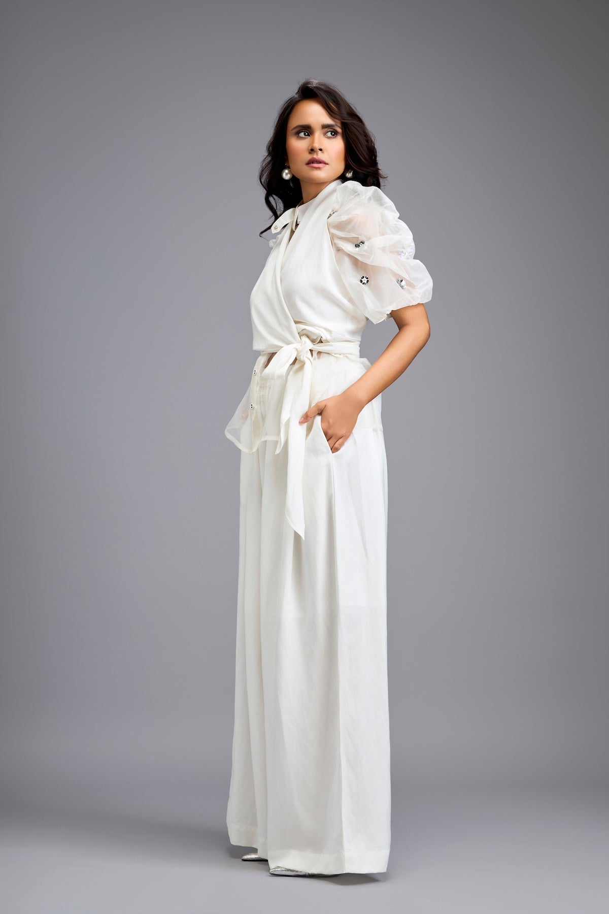 White High-Neck Blouse with Floral Sleeves & Wide-Leg Trousers