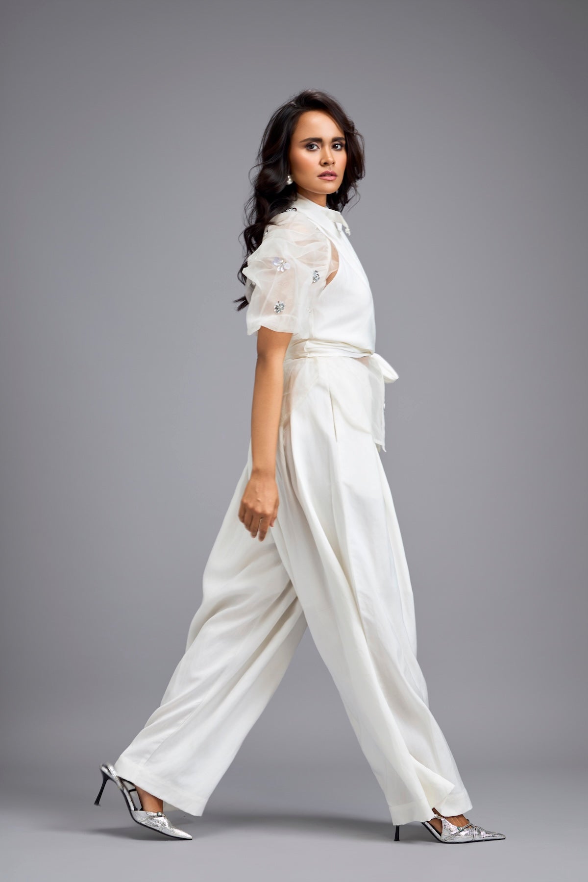 White High-Neck Blouse with Floral Sleeves & Wide-Leg Trousers