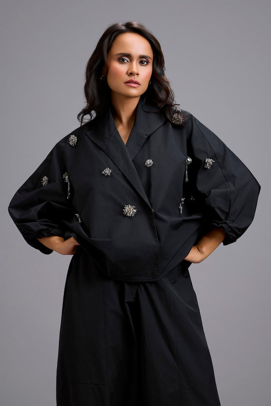 Embellished Cropped Blazer with Drop-Crotch Pants