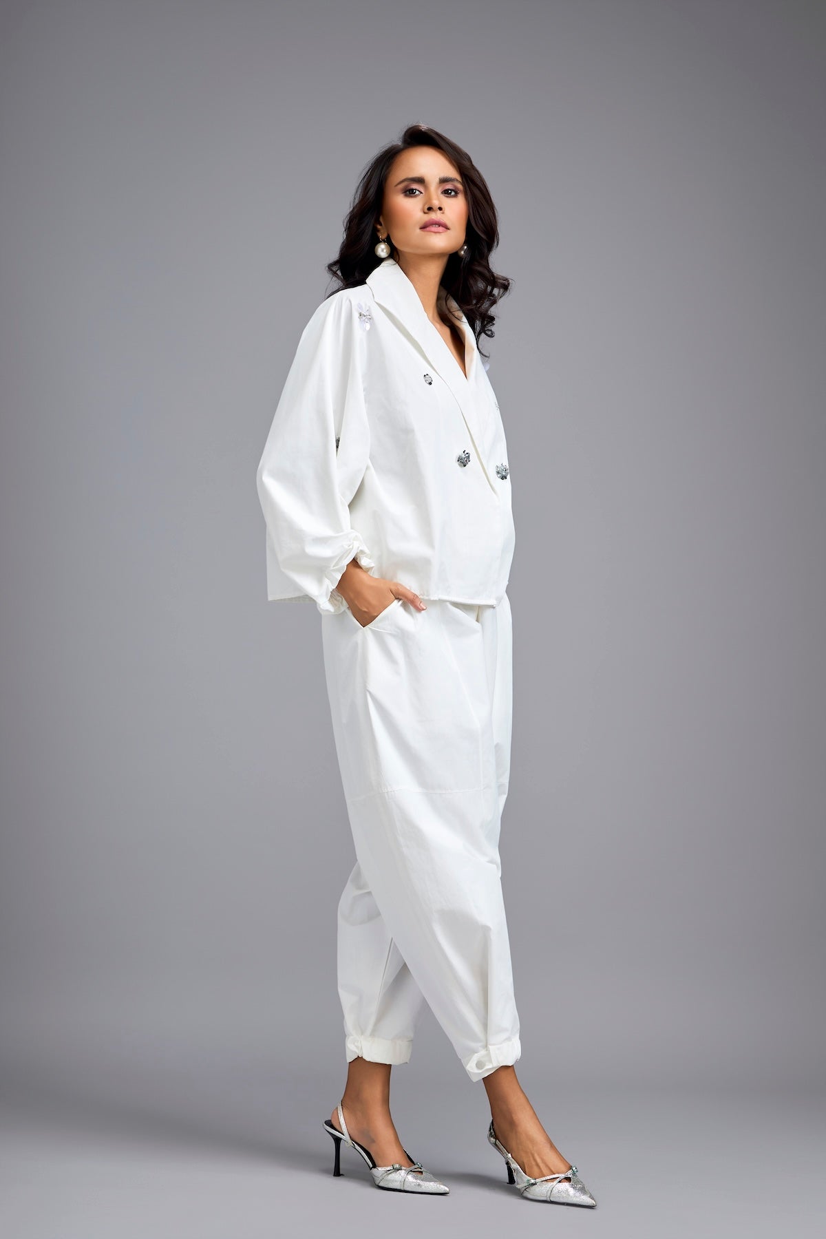 White Cropped Embellished Blazer With Drop Pants