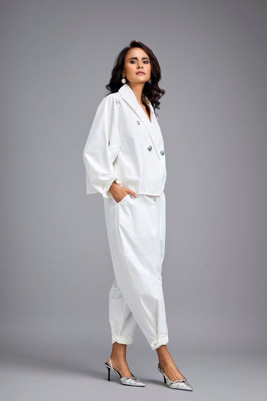 White Tapered Drop-crotch Pants