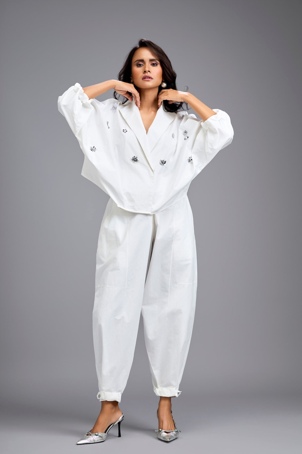 White Cropped Embellished Blazer With Drop Pants