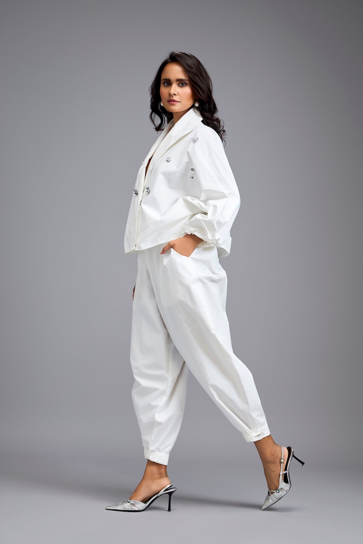 White Cropped Embellished Blazer With Drop Pants