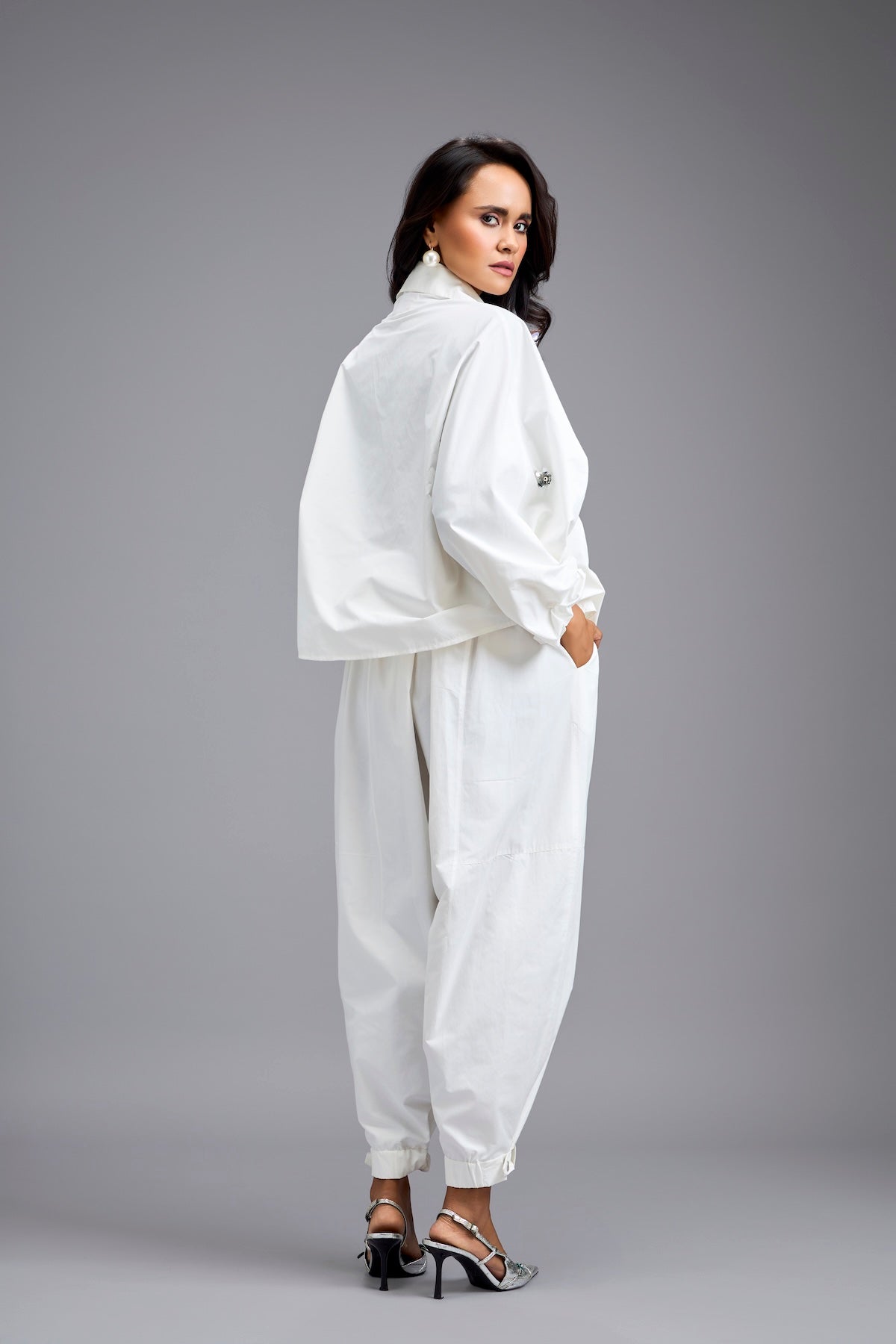 White Cropped Embellished Blazer With Drop Pants