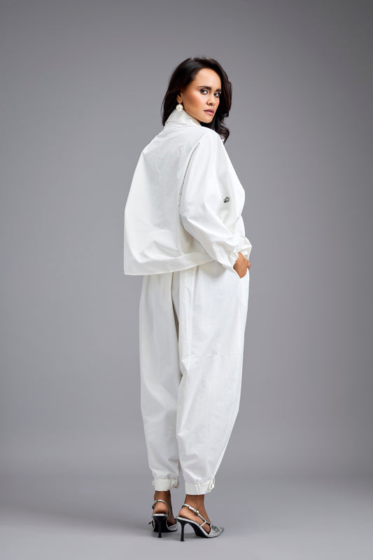 White Cropped Embellished Blazer With Drop Pants