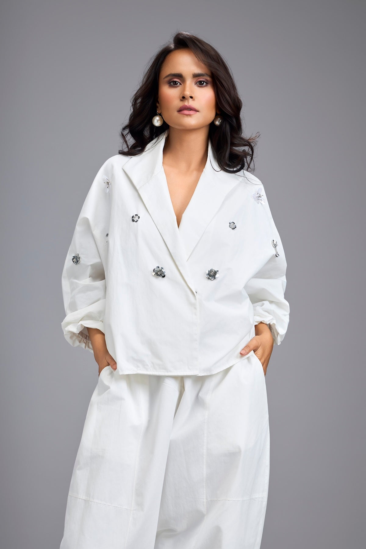 White Cropped Embellished Blazer With Drop Pants