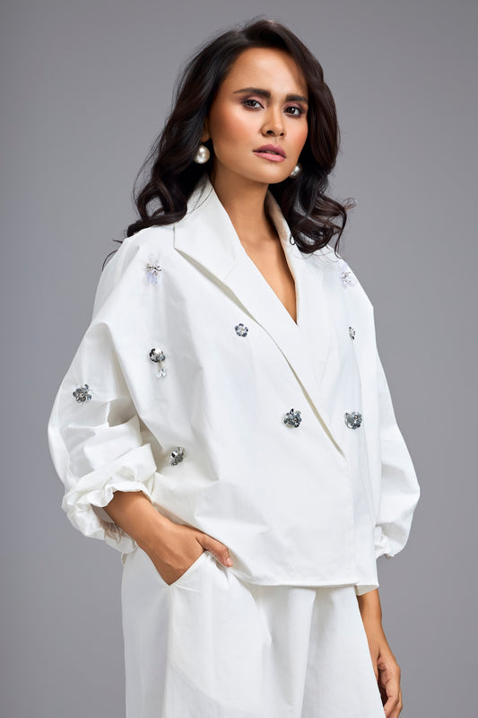 White Cropped Embellished Wrap-front Blazer