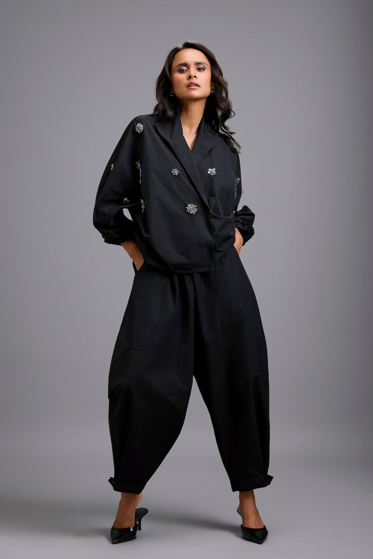 Embellished Cropped Blazer with Drop-Crotch Pants