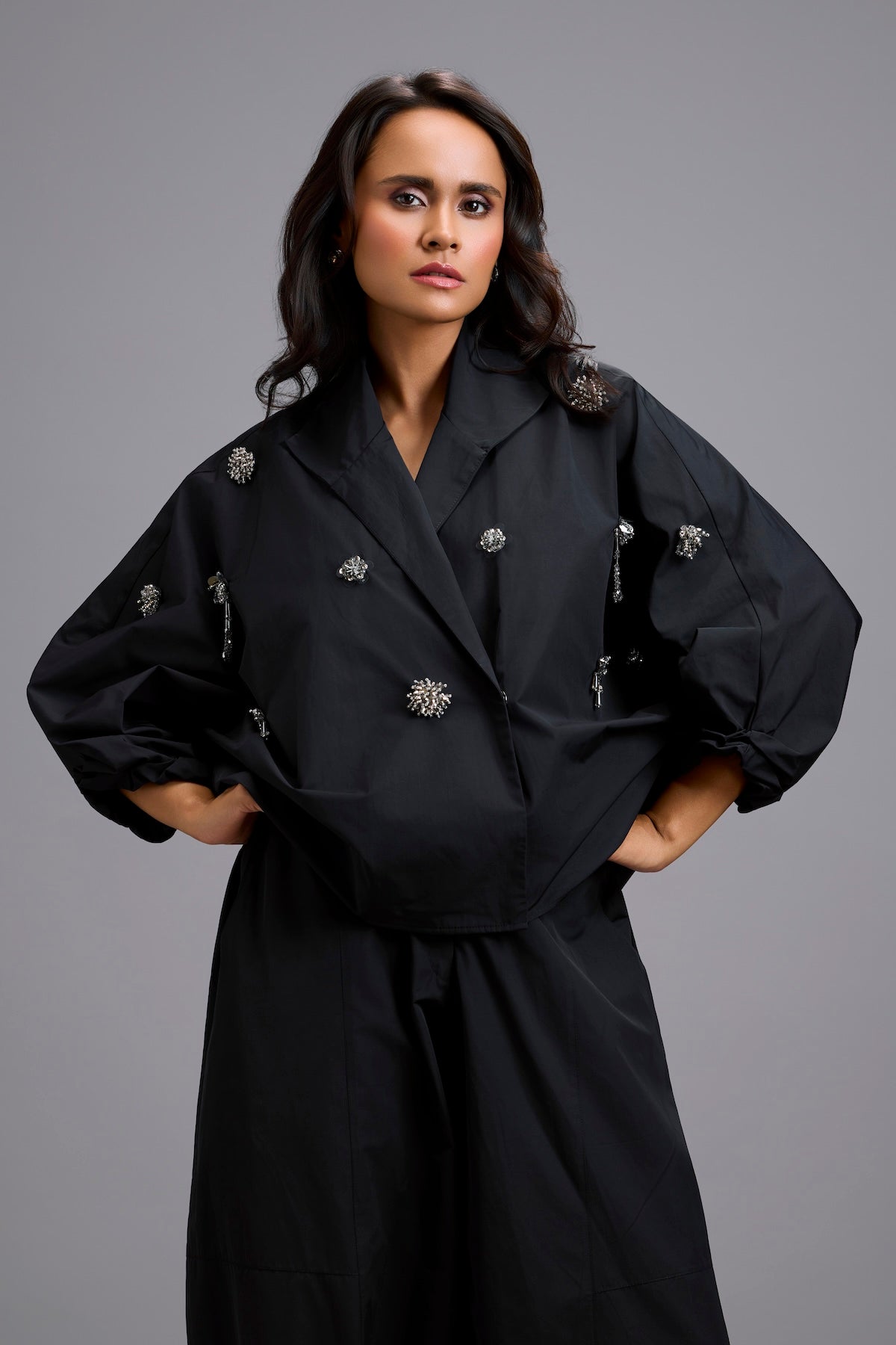 Cropped Embellished Blazer with Wrap Front