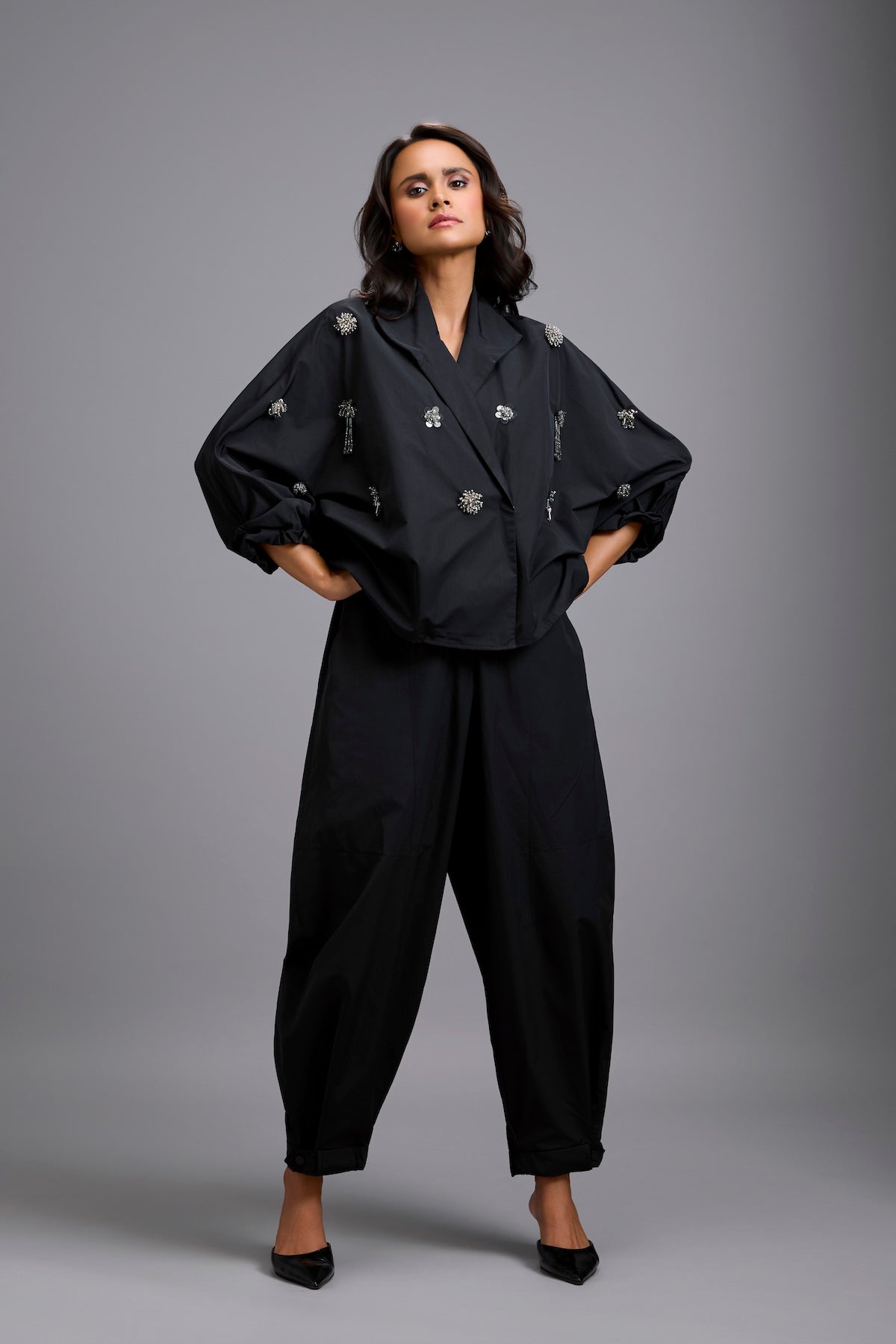 Embellished Cropped Blazer with Drop-Crotch Pants