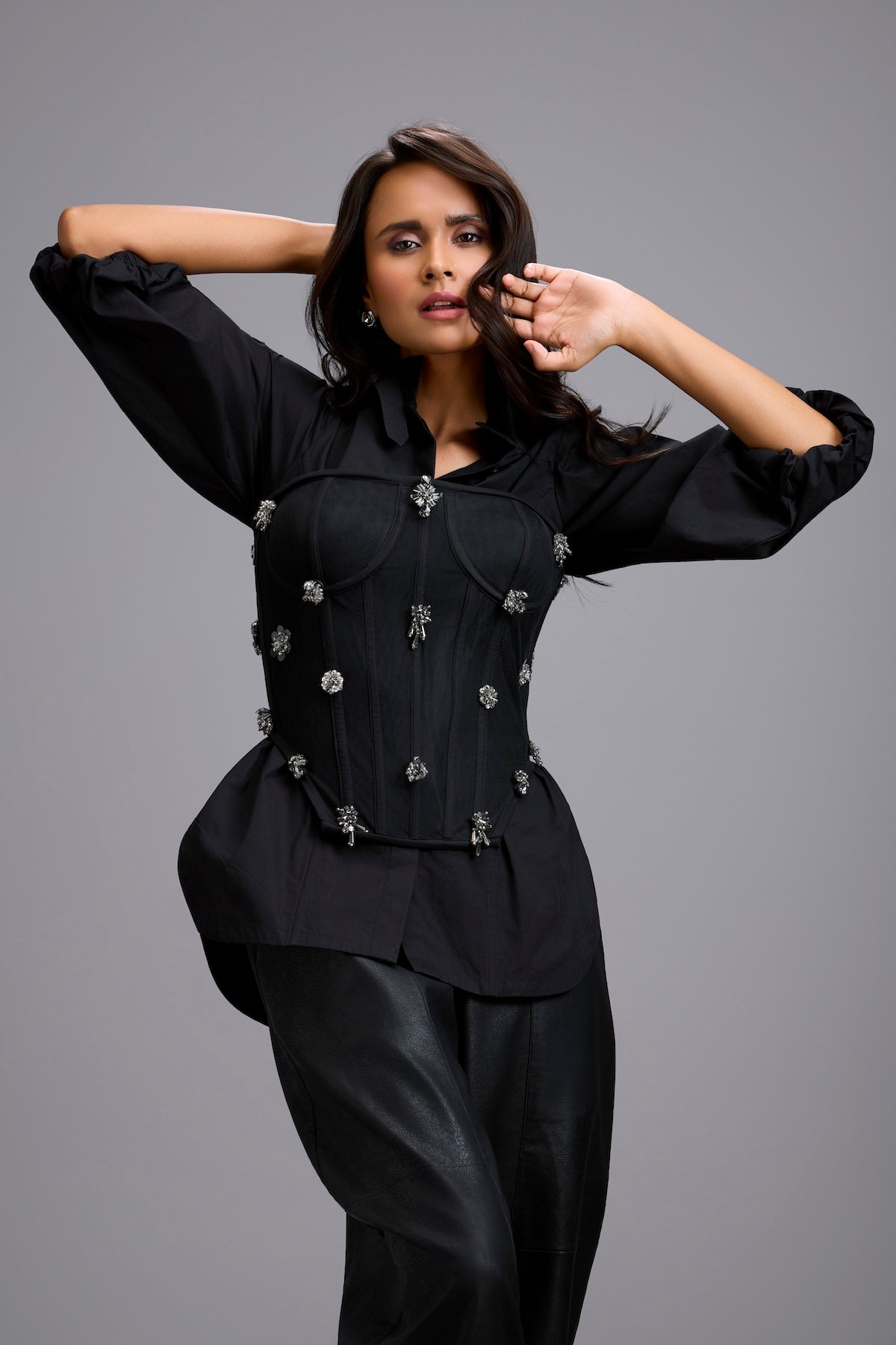 Rhinestone-Embellished Corset Shirt