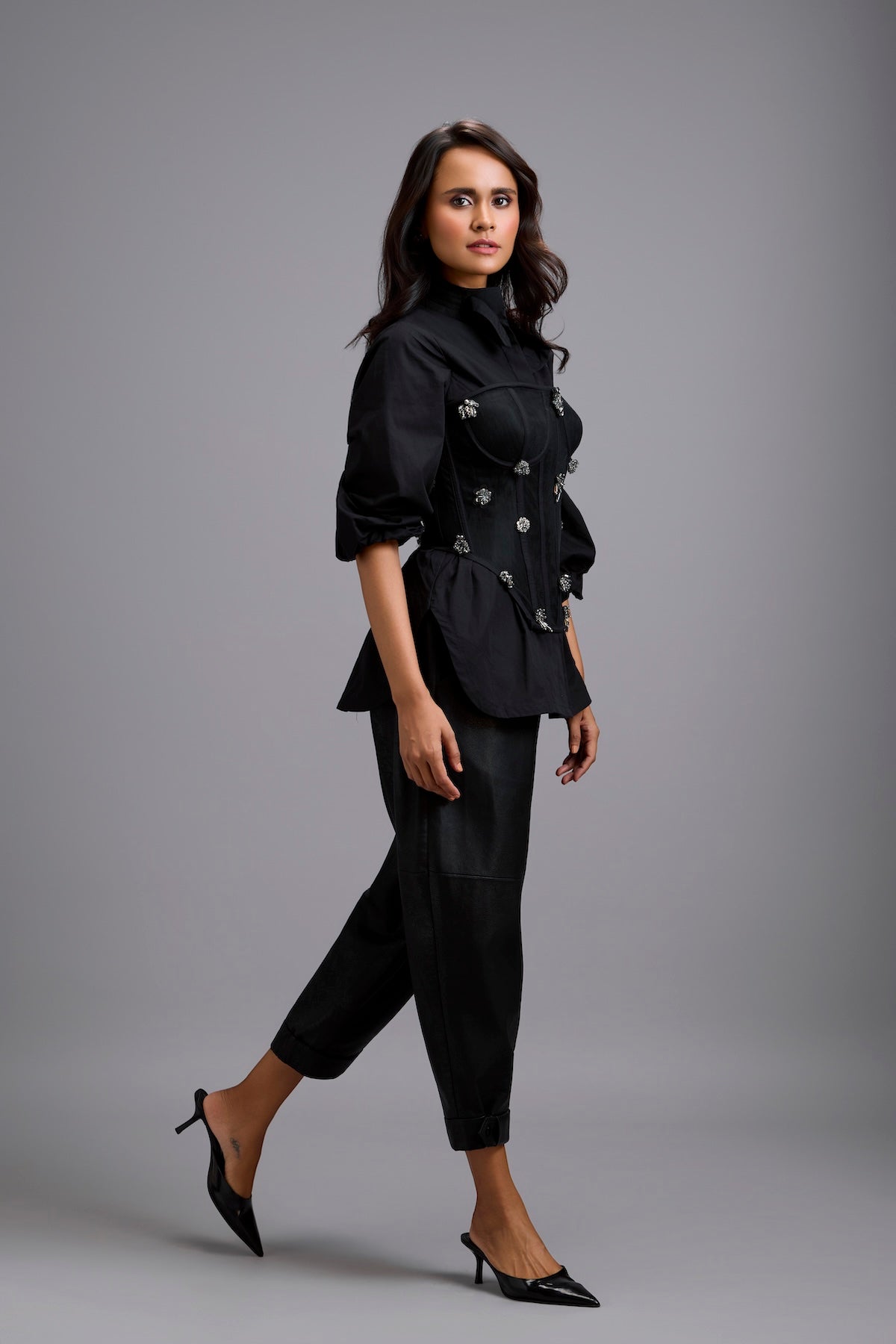 Rhinestone-Embellished Corset Shirt with Leather Pants