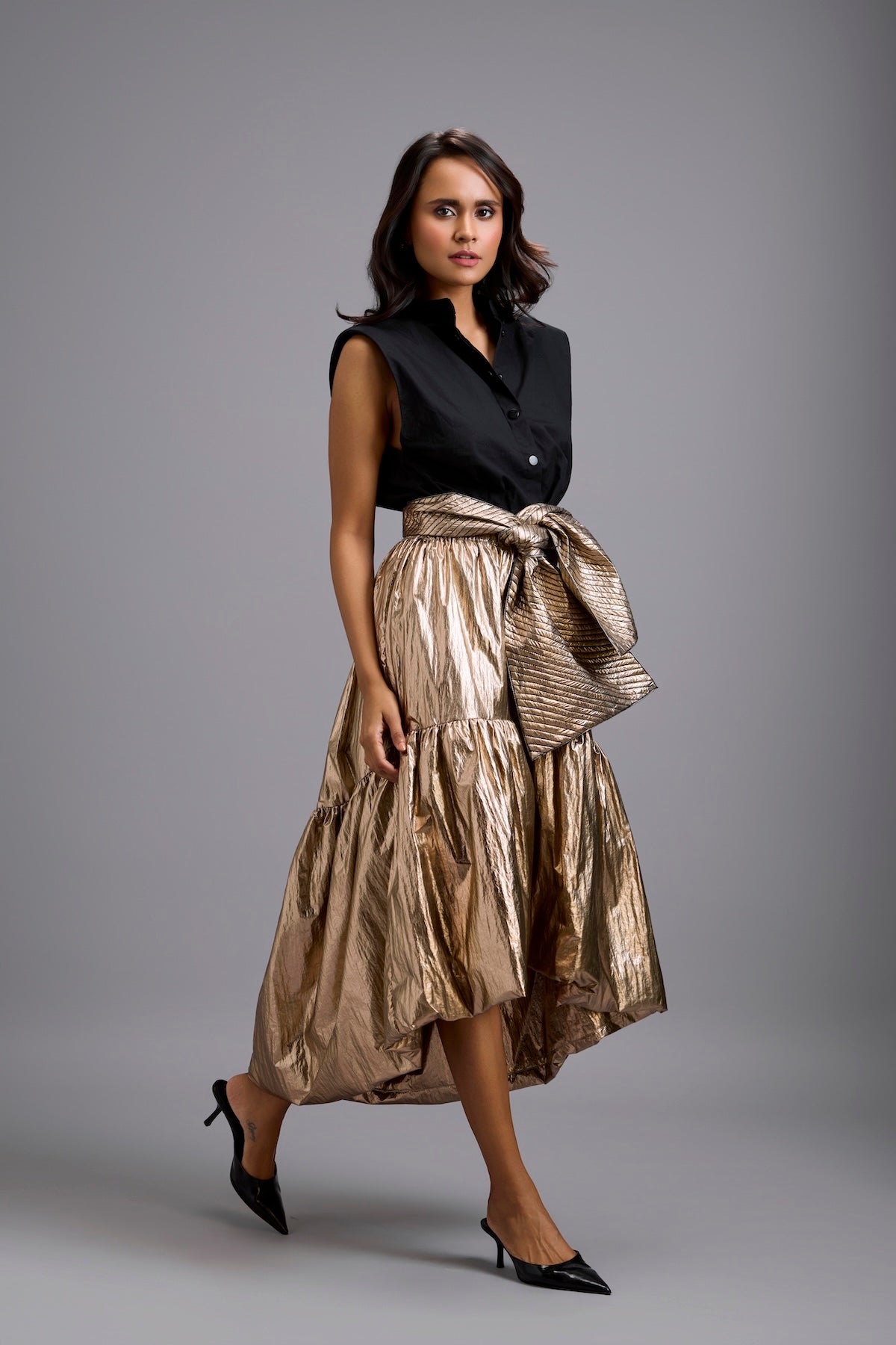 Metallic Gold High-Low Skirt with Oversized Bow