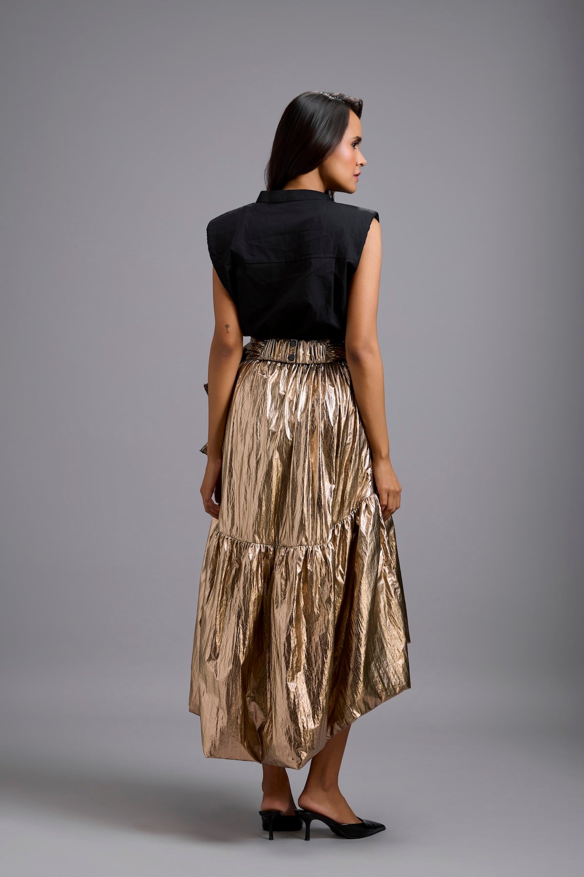 Metallic Gold High-Low Skirt with Oversized Bow