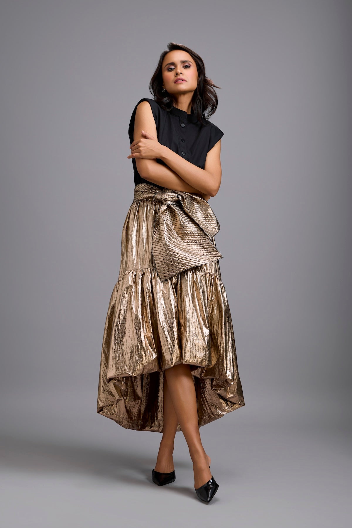 Sleeveless Shirt with Metallic Gold High-Low Skirt