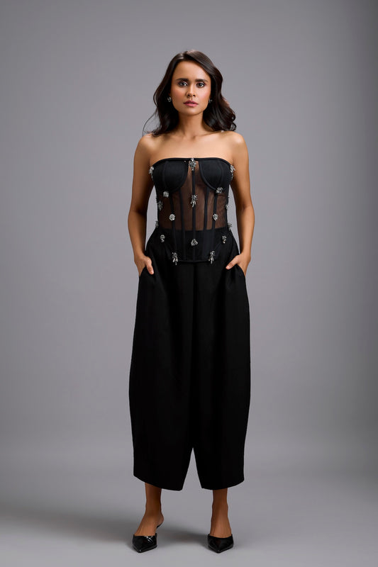 Sheer Rhinestone Corset with Wide-Leg Trousers