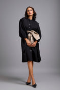 Load image into Gallery viewer, Button-Down Midi Dress with Metallic Gold Bow Belt
