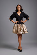 Load image into Gallery viewer, Puff-Sleeve Dress with Metallic Gold Bubble Skirt
