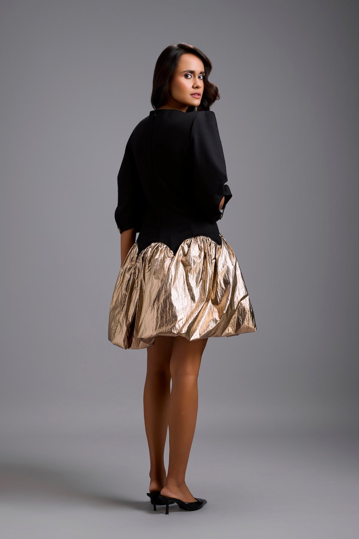 Puff-Sleeve Dress with Metallic Gold Bubble Skirt