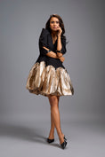 Load image into Gallery viewer, Puff-Sleeve Dress with Metallic Gold Bubble Skirt
