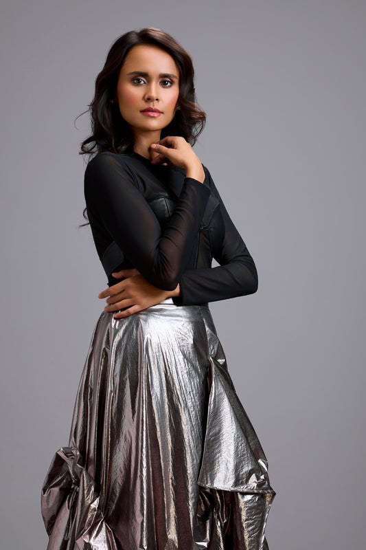 Sheer Corset Top with Draped Gunmetal Maxi Skirt