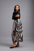 Load image into Gallery viewer, Sheer Corset Top with Draped Gunmetal Maxi Skirt
