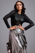 Load image into Gallery viewer, Sheer Corset Top with Draped Gunmetal Maxi Skirt
