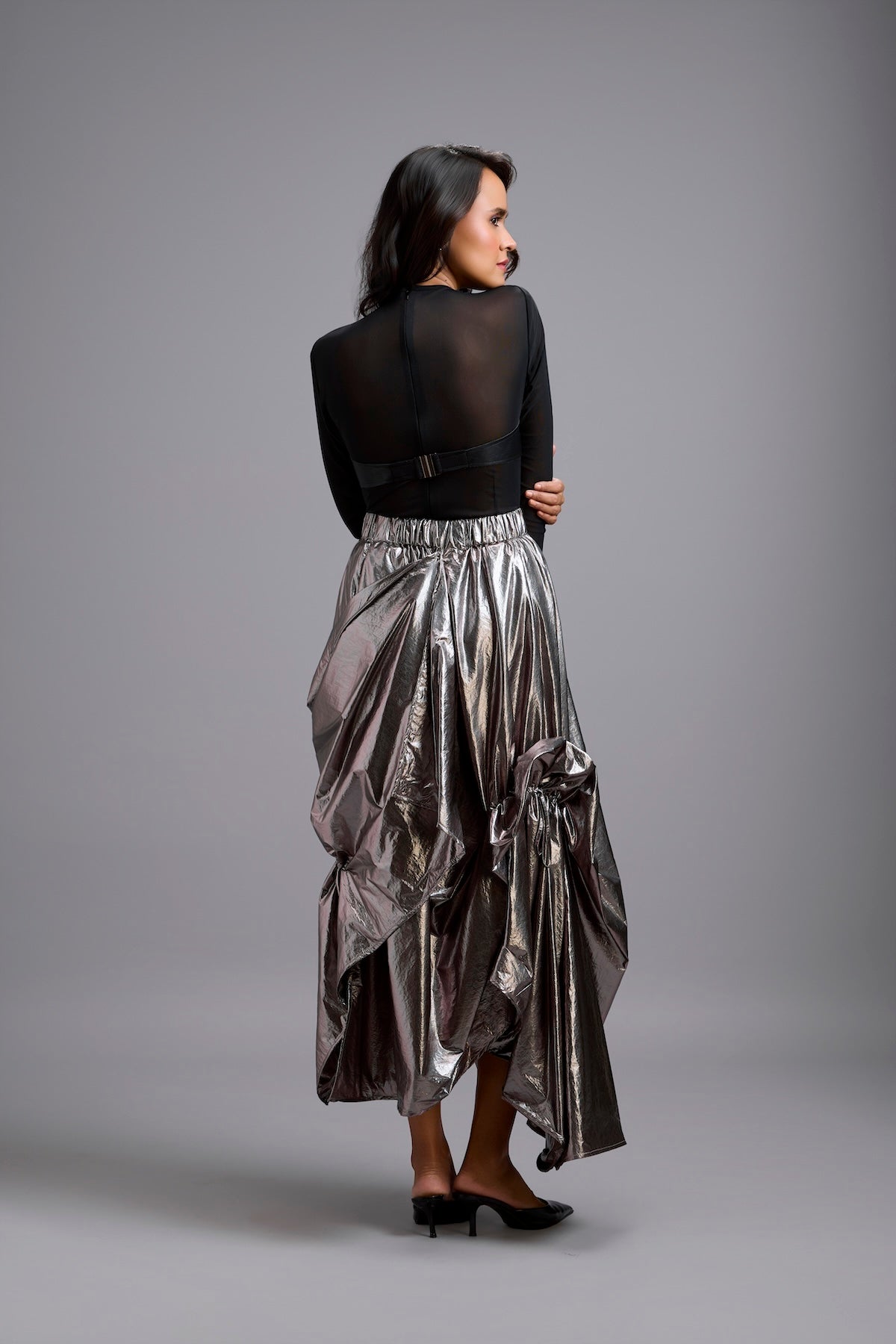 Metallic Gunmetal Maxi Skirt