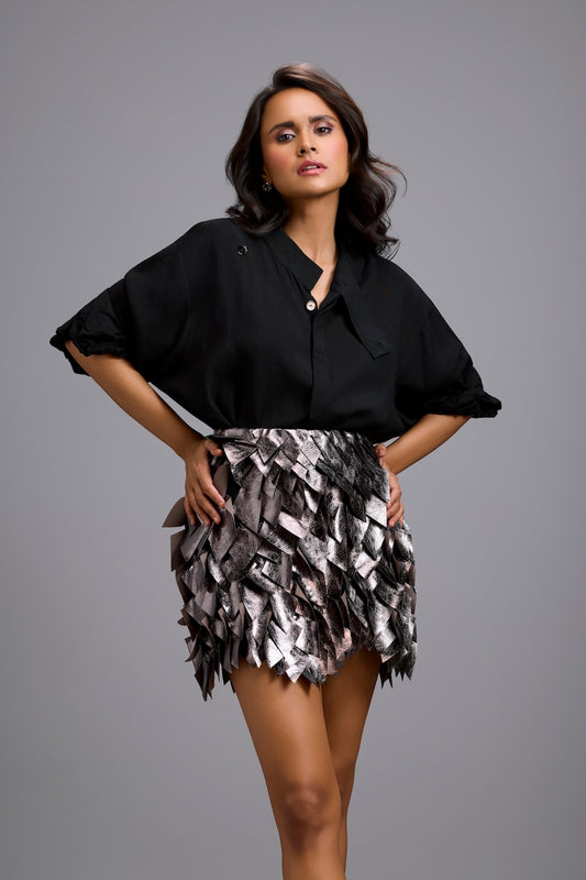 Metallic Mini Skirt with 3D Leaf Appliqué