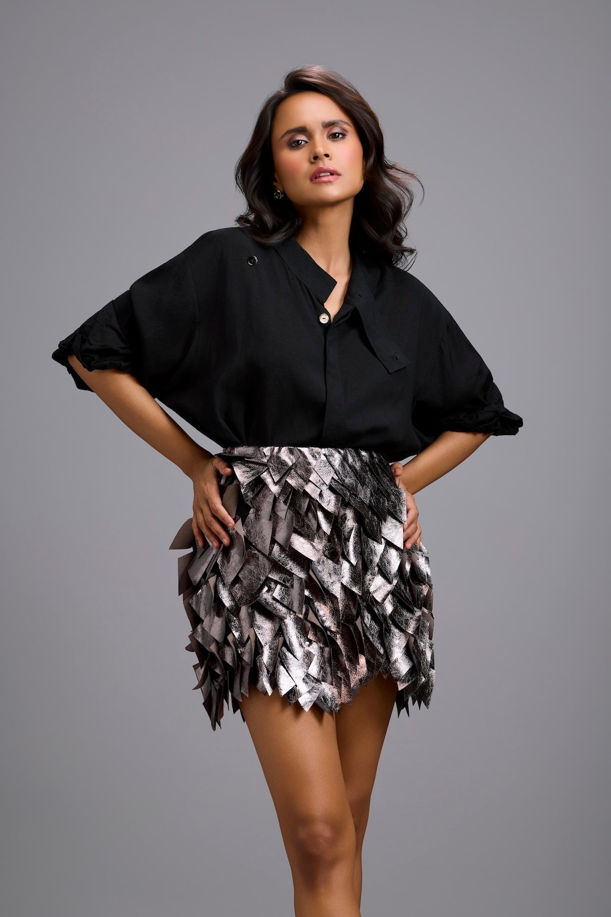 Mandarin-Collar Shirt with Textured Metallic Mini Skirt