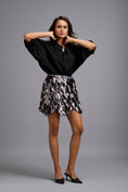 Load image into Gallery viewer, Metallic Mini Skirt with 3D Leaf Appliqué
