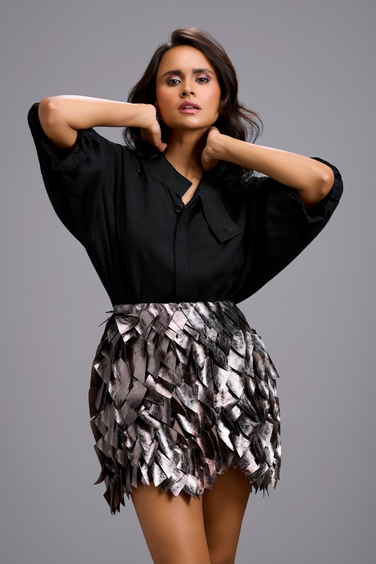 Metallic Mini Skirt with 3D Leaf Appliqué