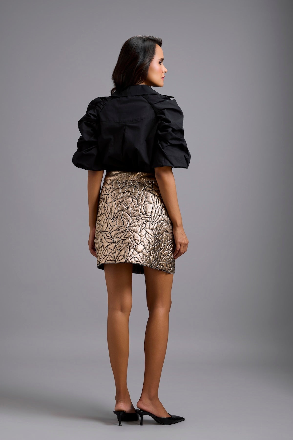 Metallic Gold Mini Skirt with Leaf Pattern