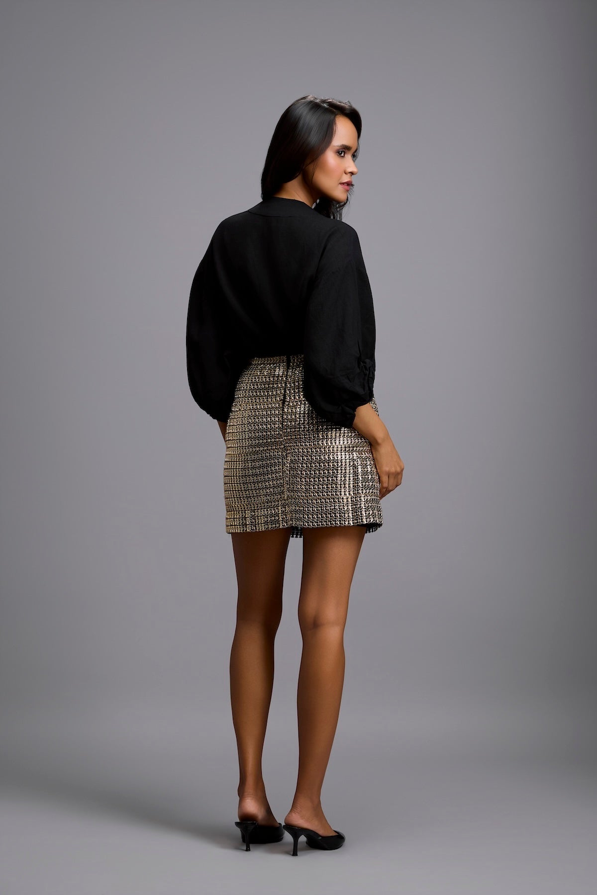Oversized Shirt with Textured Metallic Mini Skirt