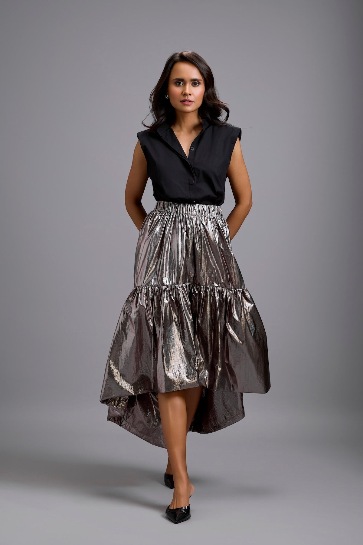 Metallic Gunmetal High-Low Skirt
