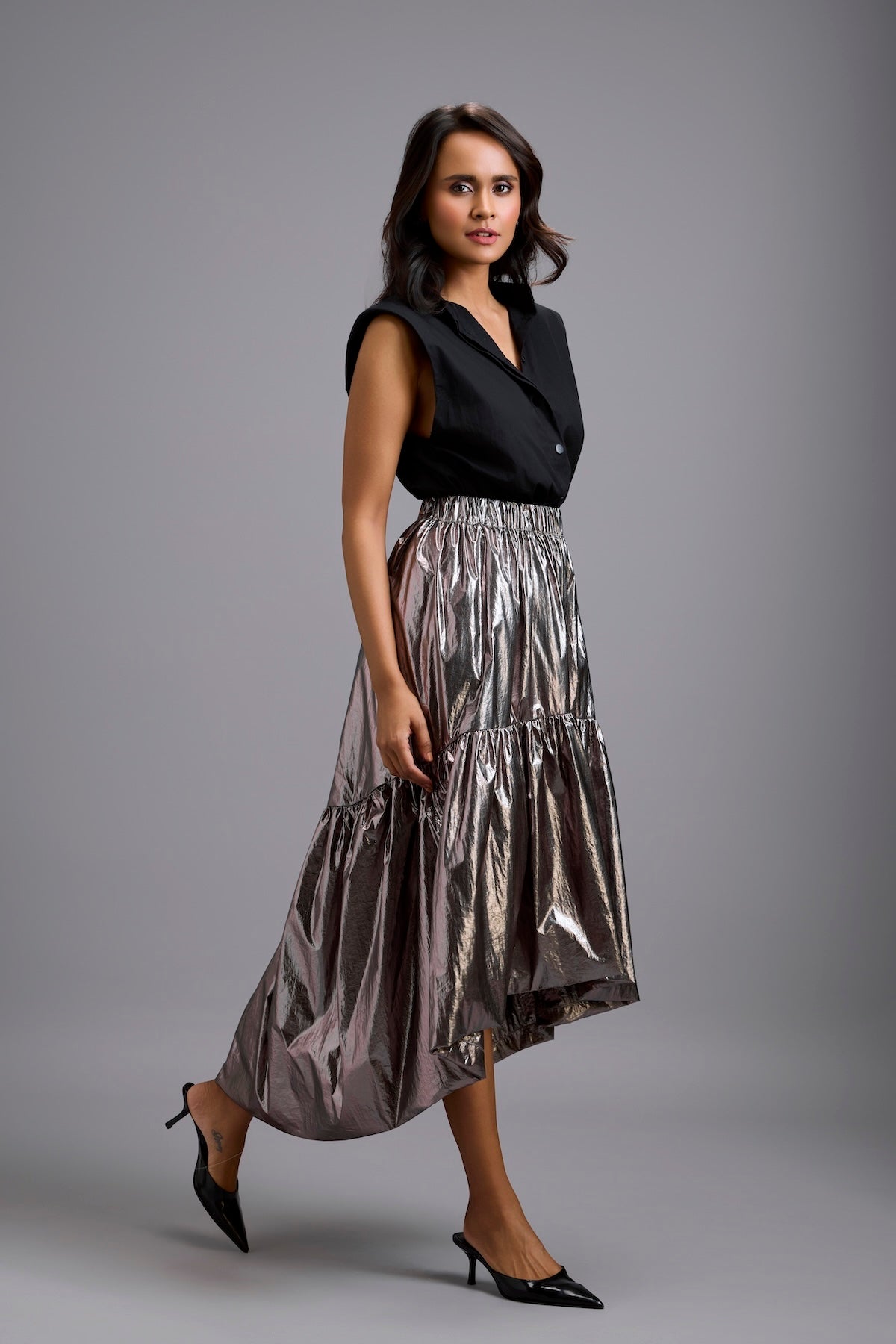 Metallic Gunmetal High-Low Skirt