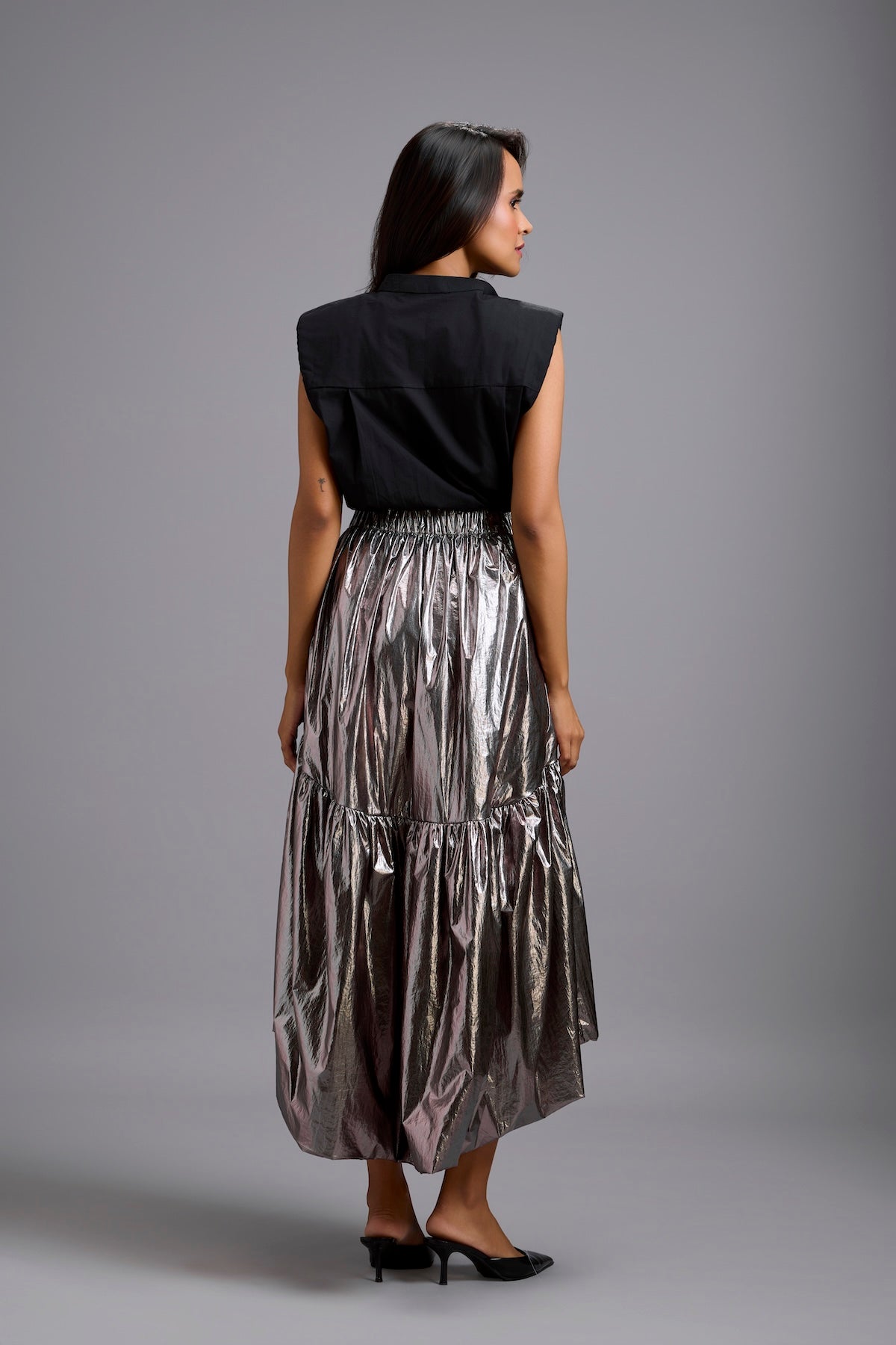 Sleeveless Shirt with Metallic Gunmetal High-Low Skirt