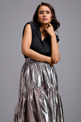 Load image into Gallery viewer, Sleeveless Shirt with Metallic Gunmetal High-Low Skirt

